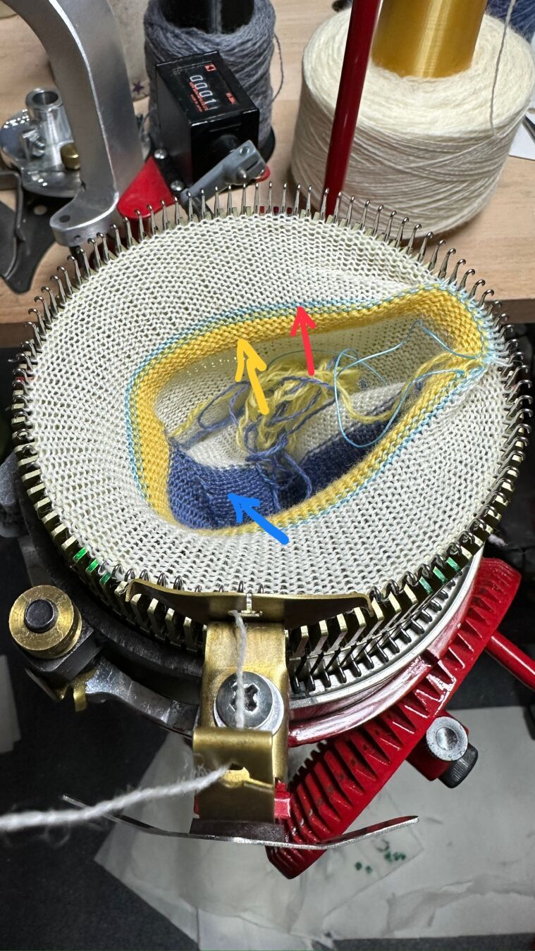 The second sock in the making, hanging the hem. The second sock follows the first one immediately, only separated by a few rounds of waste yarn (yellow arrow), and again a round of ravel cord (red arrow). Inside the cylinder, the toe of the first sock in blue yarn is visible (blue arrow). The toe is made like a heel with short rows, but only over half the cylinder.