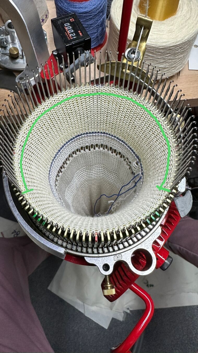 Preparing to raise the back leg above the heel with short rows. The back half needles of the cylinder and 9 more needles on either side of the cylinder are raised out of work already (green mark).