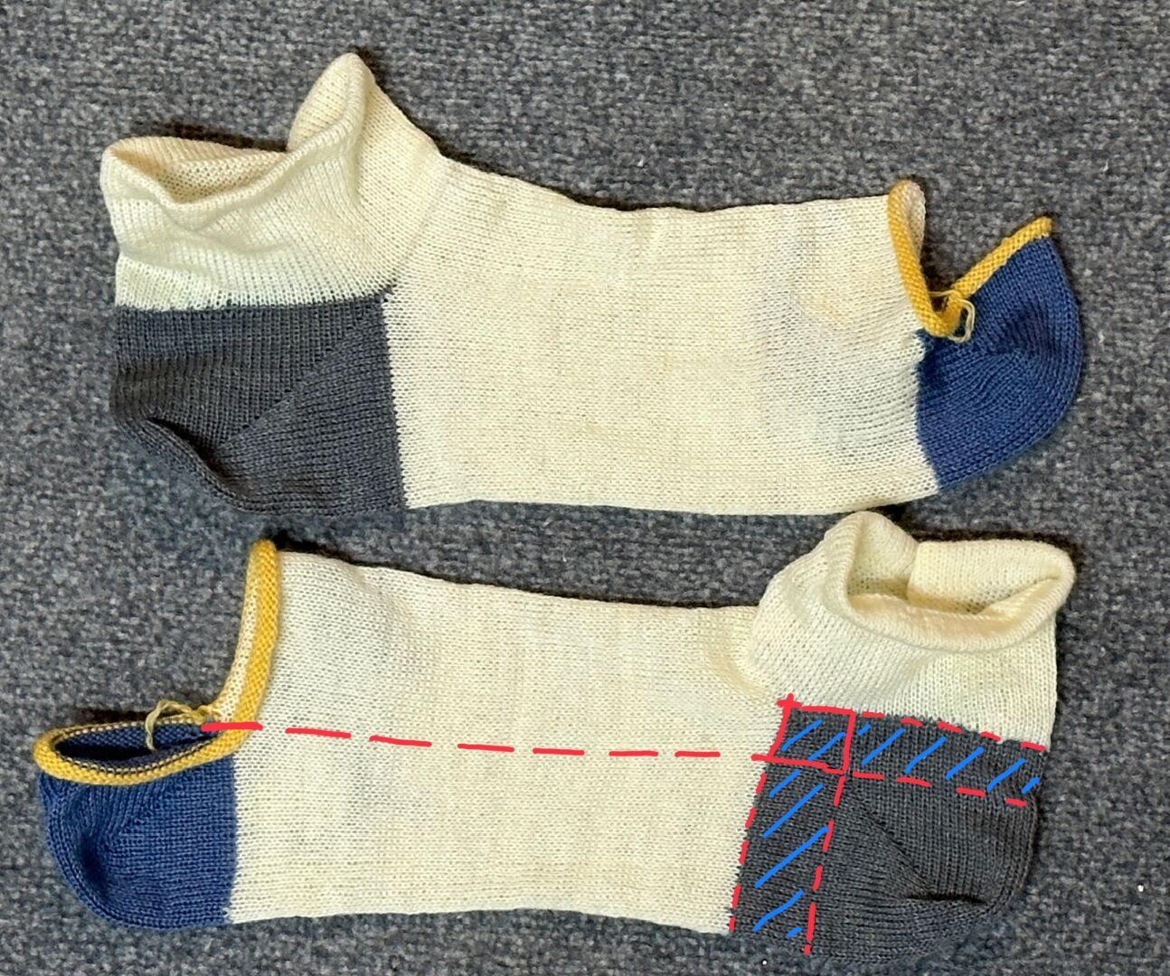 Finished socks fresh off the machine laid out on gray carpet, one above the other. With the toe and the heel both visible, it’s the heel is much larger because of the added needle/rows (red lines, blue marks). The toes still have to be closed with kitchener or finchley grafts, and the yellow waste yarn will then be removed.