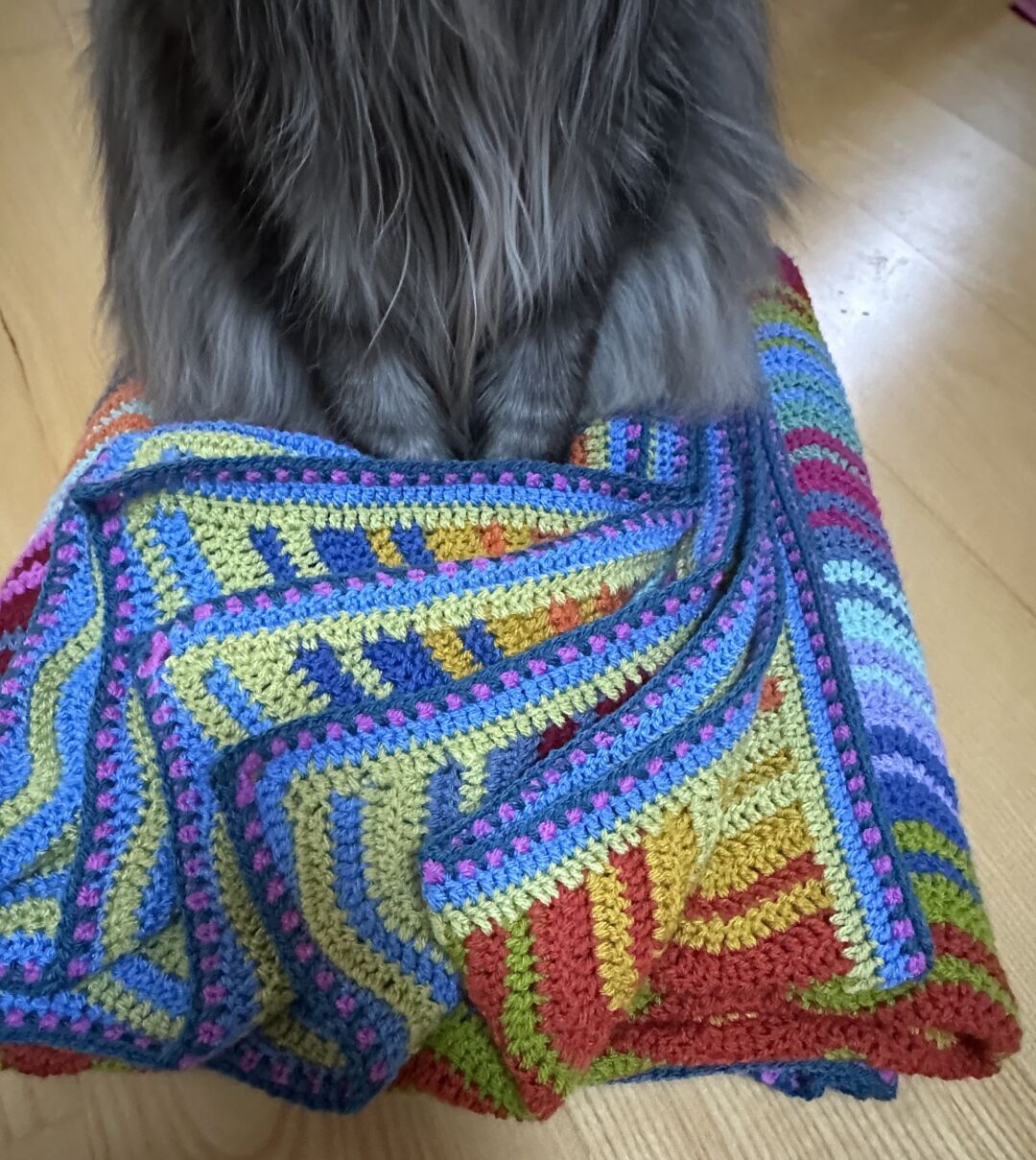 A folded striped crochet blanket in bright colors. The edges are turned up to show the different colors in an imterlocking ripple pattern. A large gray cat sits on the back half of the blanket, only his lower half is visible.